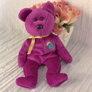 Vintage BEANIE BABY Millennium Bear purple & gold tie ribbon 9"